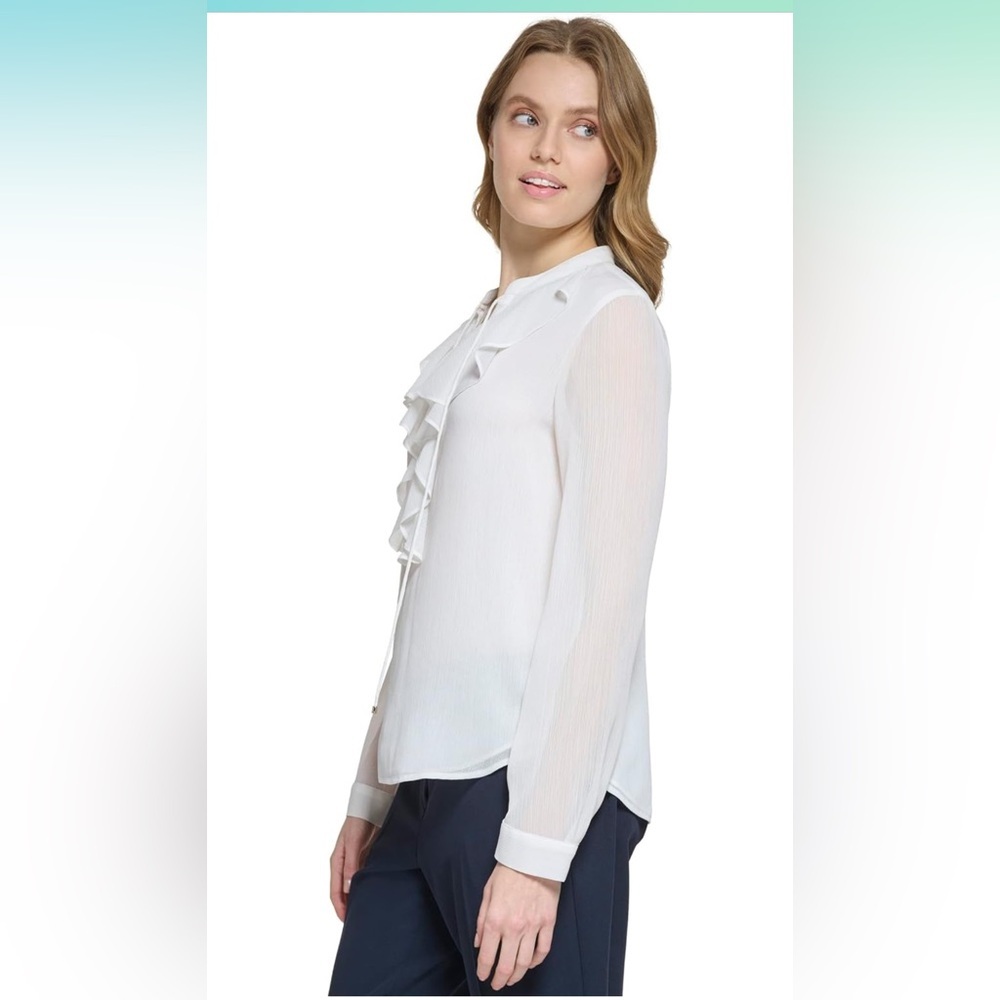 TOMMY HILFIGER Women's Classic Long Sleeve Ruffle Front Blouse - Ivory - Picture 3 of 9